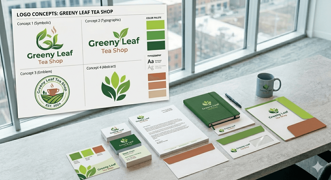 Brand identity exploration with logo concepts, color palette, and branded stationery mockups.