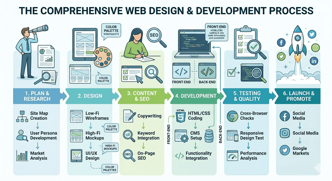 Illustration of a comprehensive web design and development process.